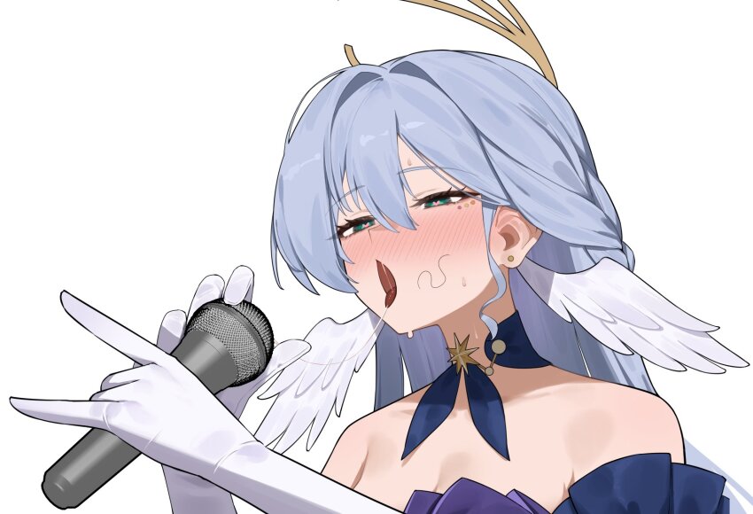 1girl aqua_eyes bare_shoulders blue_hair detached_sleeves dress earrings flasso gloves halo head_wings heart heart-shaped_pupils highres holding holding_microphone honkai:_star_rail honkai_(series) jewelry light_blush long_hair microphone open_mouth robin_(honkai:_star_rail) sexually_suggestive solo stray_pubic_hair symbol-shaped_pupils tongue tongue_out white_gloves white_wings wings