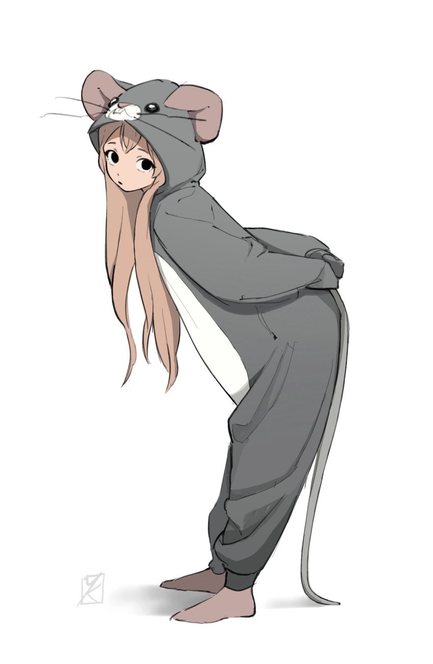 1girl animal_costume animal_ears arms_behind_back bent_over blonde_hair fake_animal_ears fake_tail from_side highres kimura_731 long_hair long_sleeves mouse_costume mouse_ears mouse_tail open_mouth original simple_background socks solo standing tail white_background