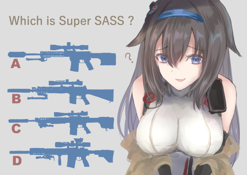 1girl ? absurdres bare_shoulders black_hair blue_eyes breasts english_text girls&#039;_frontline gun h&amp;k_g28 hairband highres large_breasts long_hair martinreaction mk_12_spr mole mole_under_eye rifle silhouette sleeveless solo super_sass super_sass_(girls&#039;_frontline) super_sass_(mod3)_(girls&#039;_frontline) weapon