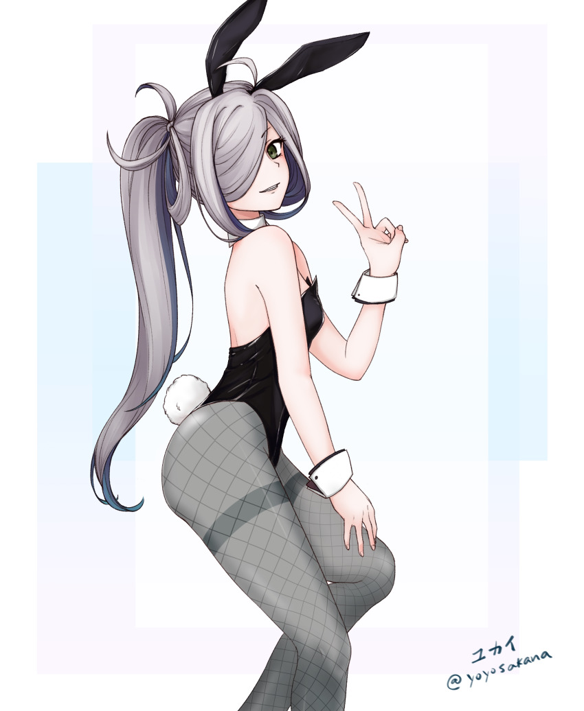 1girl absurdres ahoge alternate_costume animal_ears asashimo_(kancolle) black_leotard cowboy_shot dated detached_collar fake_animal_ears female_focus fishnet_pantyhose fishnets grey_eyes grey_pantyhose hair_over_one_eye highres kantai_collection leotard long_hair looking_at_viewer pantyhose parted_lips playboy_bunny ponytail rabbit_ears rabbit_girl rabbit_tail sharp_teeth silver_hair solo strapless strapless_leotard tail teeth twitter_username v wrist_cuffs yukai_(xiaoyu13298276)