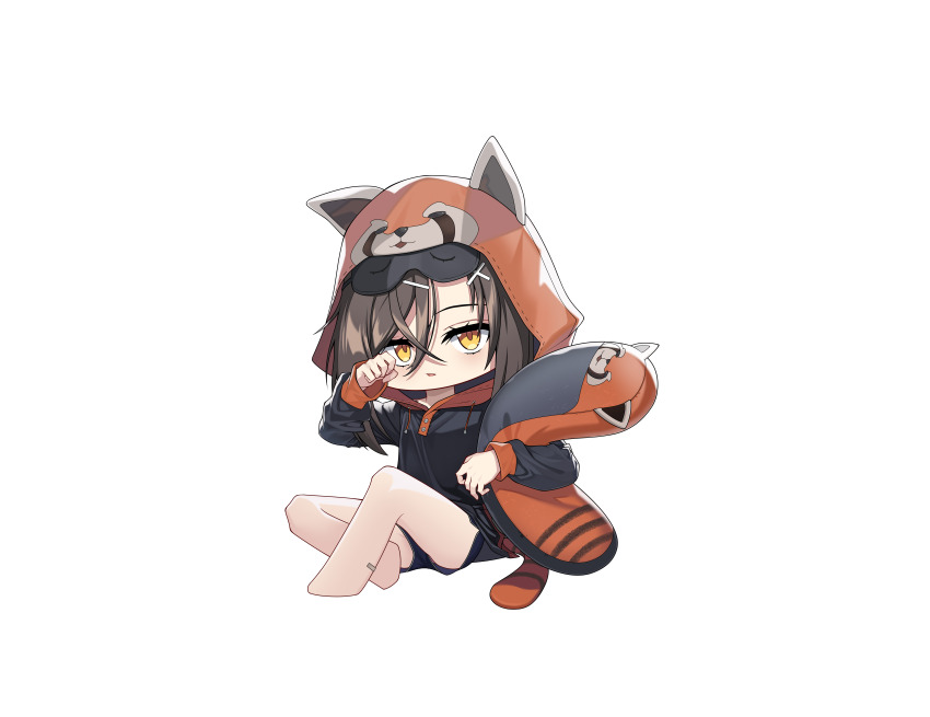 1girl absurdres brown_eyes brown_hair chibi chibi_only christina_brecht commentary_request counter:side crossed_bangs drawstring hair_between_eyes hair_ornament hairclip hand_up highres holding holding_pillow hood hooded_jacket jacket korean_commentary long_sleeves looking_at_viewer official_alternate_costume parted_lips pillow red_panda_hood simple_background sitting solo transparent_background wbs x_hair_ornament