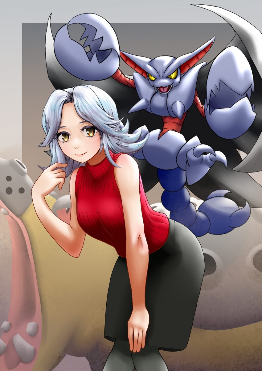 1girl aged_down bertha_(pokemon) black_skirt colored_sclera gen_4_pokemon gliscor grey_hair grey_pantyhose hand_on_own_knee highres hippowdon leaning_forward medium_hair nabe_puyo nintendo pantyhose pokemon pokemon_(creature) pokemon_dppt red_sclera red_sweater ribbed_sweater skirt sleeveless sleeveless_sweater smile standing sweater yellow_eyes