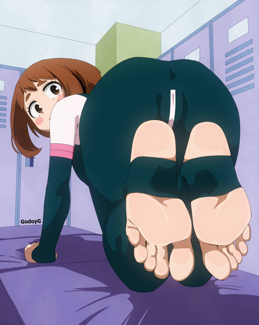 1girl absurdres all_fours artist_name ass blue_bodysuit blush_stickers bodysuit boku_no_hero_academia breasts brown_eyes brown_hair cameltoe feet felipe_godoy foot_focus highres indoors large_breasts locker locker_room multicolored_bodysuit pink_bodysuit presenting_foot solo stirrup_legwear toeless_legwear toes uraraka_ochako