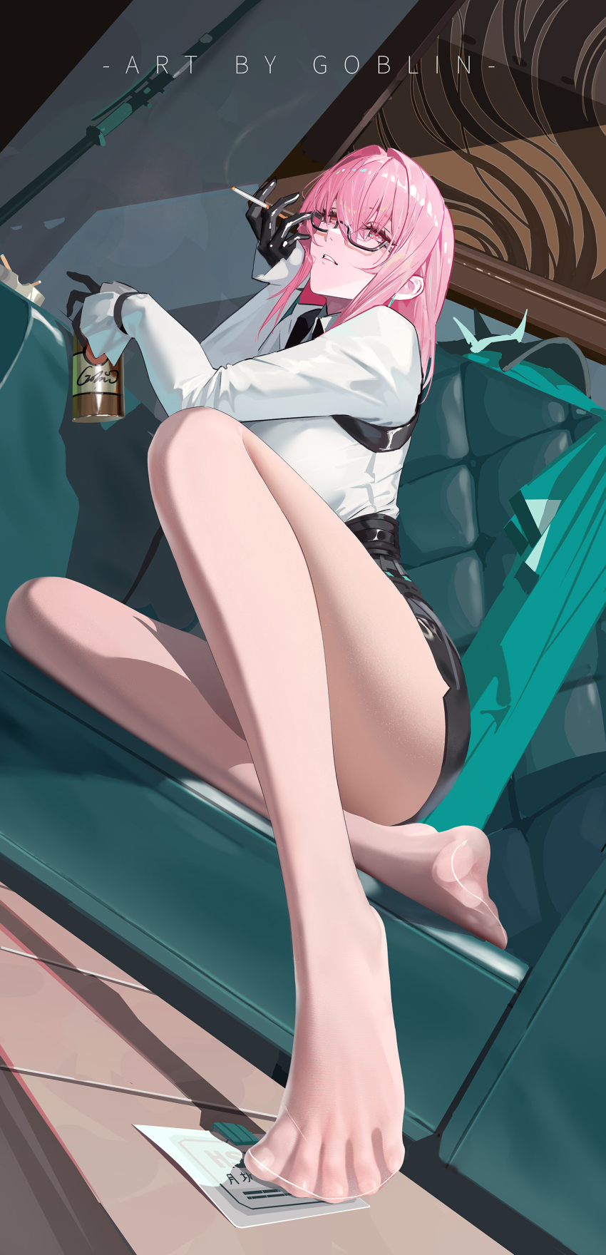 1girl absurdres can cigarette feet glasses highres long_hair looking_at_viewer mr_goblin pantyhose parted_lips pink_eyes pink_hair soles toes tsukishiro_yanagi zenless_zone_zero