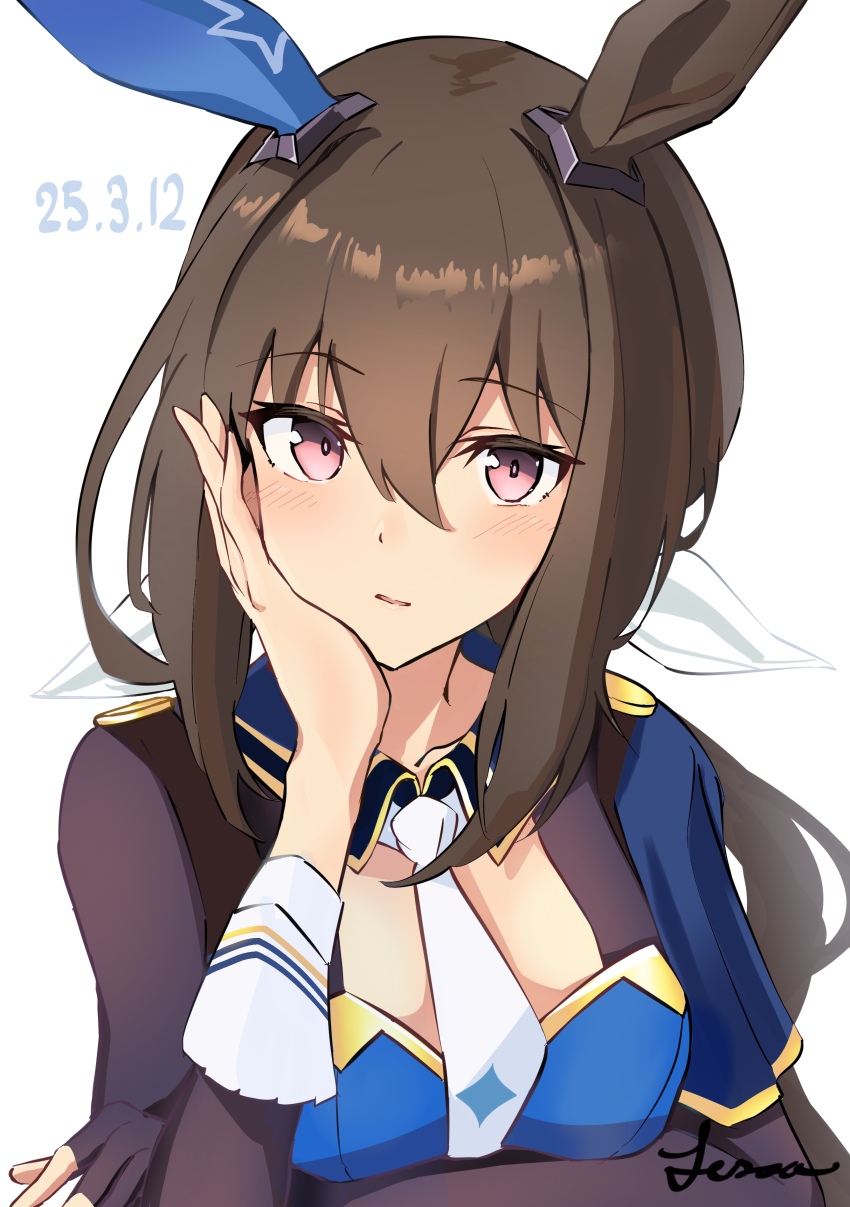 1girl absurdres admire_vega_(umamusume) animal_ears black_gloves brown_hair convenient_neckwear dated ear_covers fingerless_gloves gloves hair_between_eyes hair_ribbon hand_on_own_cheek hand_on_own_face highres horse_ears horse_girl lesoa long_hair long_sleeves looking_at_viewer low_ponytail necktie ponytail purple_eyes ribbon signature simple_background single_ear_cover single_glove solo umamusume upper_body white_background white_necktie white_ribbon