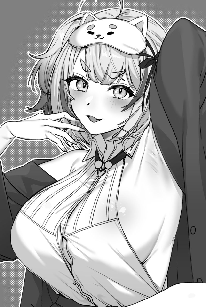 1girl ahoge armpits azur_lane black_coat blush breasts coat eye_mask greyscale highres large_breasts looking_at_viewer maitei_roppa mask mask_on_head mixed-language_commentary monochrome official_alternate_costume open_clothes open_coat paid_reward_available shirt short_hair sideboob sleeveless sleeveless_shirt solo thick_eyebrows upper_body white_shirt z13_(azur_lane) z13_(strategic_date_solution)_(azur_lane)
