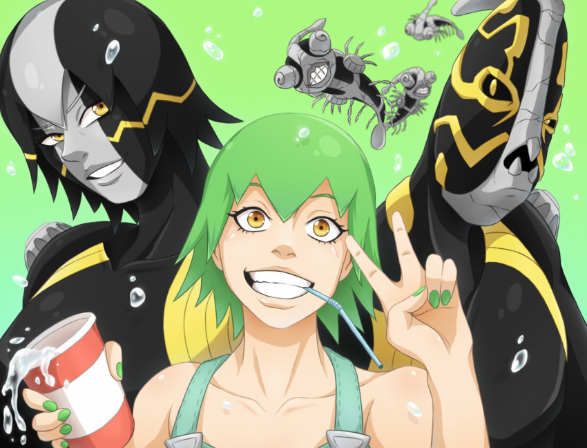 1other 2girls bare_shoulders cup drinking_straw foo_fighters_(jojo) foo_fighters_(stand) green_background green_hair green_nails grin highres jojo_no_kimyou_na_bouken kristallion mouth_hold multiple_girls multiple_persona overalls plankton short_hair shrimp smile spill stand_(jojo) stone_ocean v water water_drop yellow_eyes