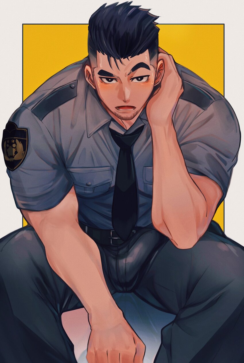 1boy absurdres bara black_necktie blush bulge erection erection_under_clothes facial_hair feet_out_of_frame goatee_stubble hand_on_own_neck highres large_pectorals leaning_forward louis_tjxx male_focus muscular muscular_male necktie nervous_sweating original pectorals police police_uniform policeman raised_eyebrow short_hair shy sideburns sitting solo stubble sweat thick_eyebrows two-tone_background undercut