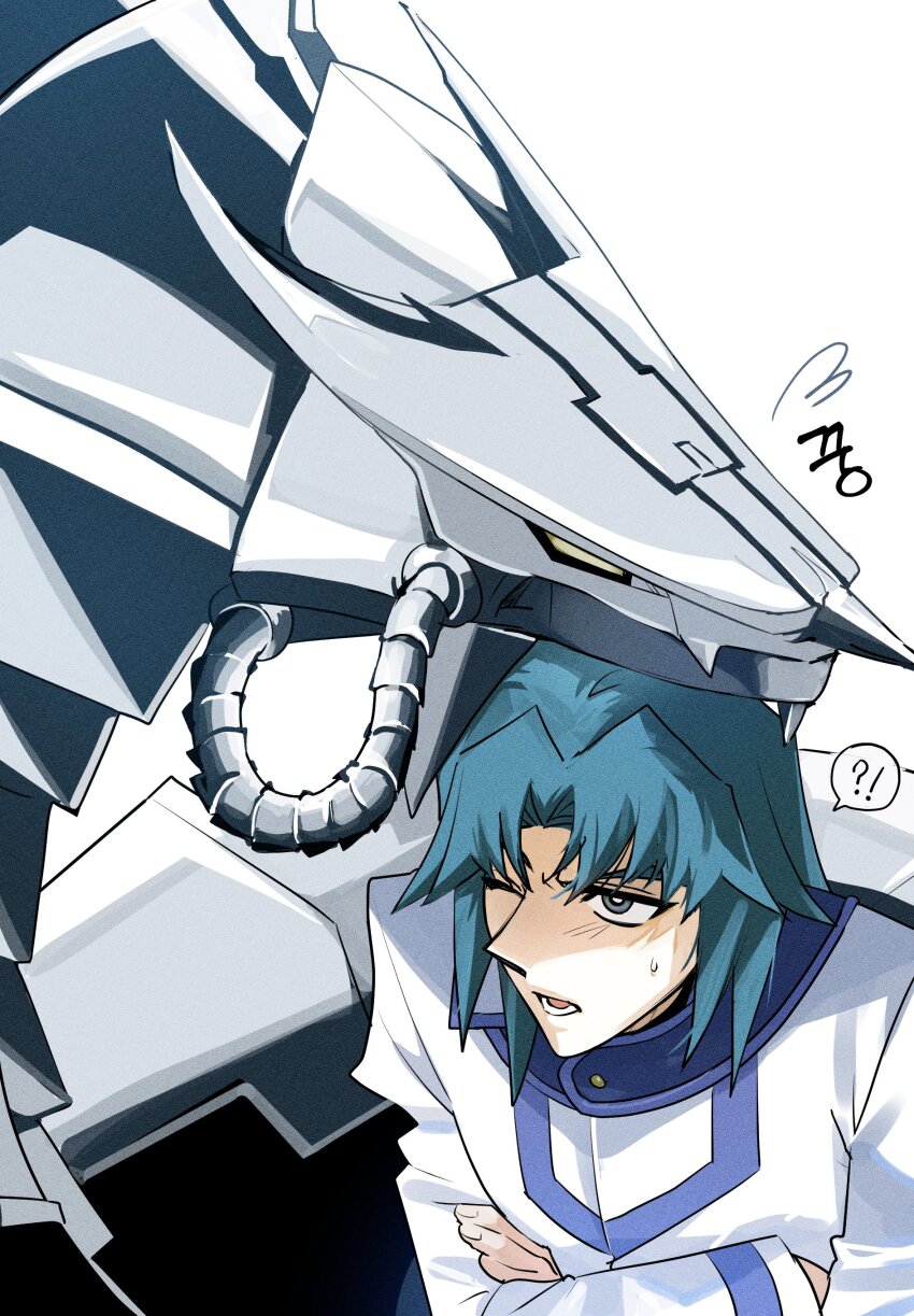 1boy absurdres baekhk2 blue_hair crossed_arms cyber_dragon duel_academy_uniform_(yu-gi-oh!_gx) highres jacket male_focus marufuji_ryo non-humanoid_robot robot robot_dragon simple_background upper_body white_background white_jacket yu-gi-oh! yu-gi-oh!_gx