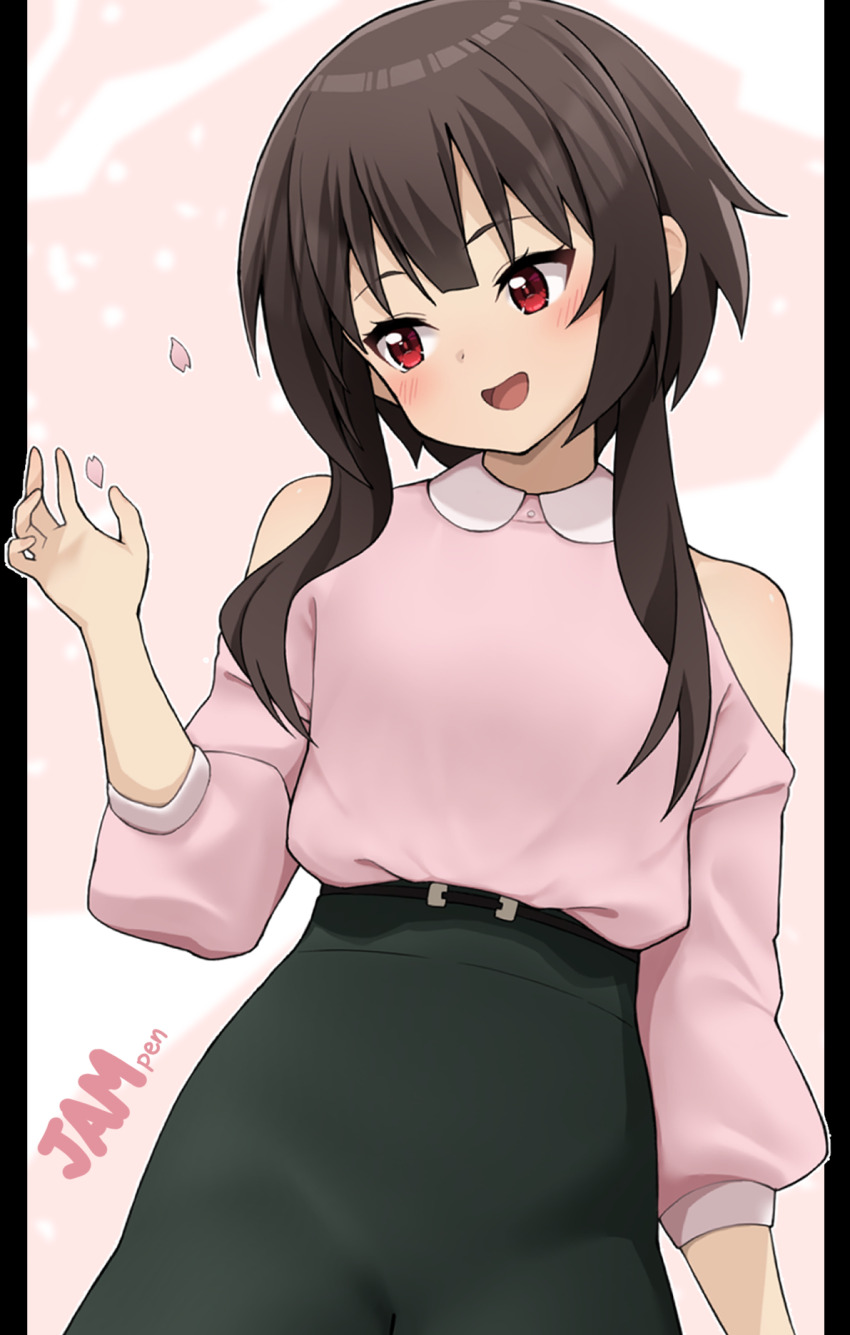 1girl black_skirt breasts brown_hair clothing_cutout highres jampen kono_subarashii_sekai_ni_shukufuku_wo! long_sleeves looking_to_the_side megumin open_mouth pink_shirt red_eyes shirt short_hair_with_long_locks shoulder_cutout skirt small_breasts smile solo