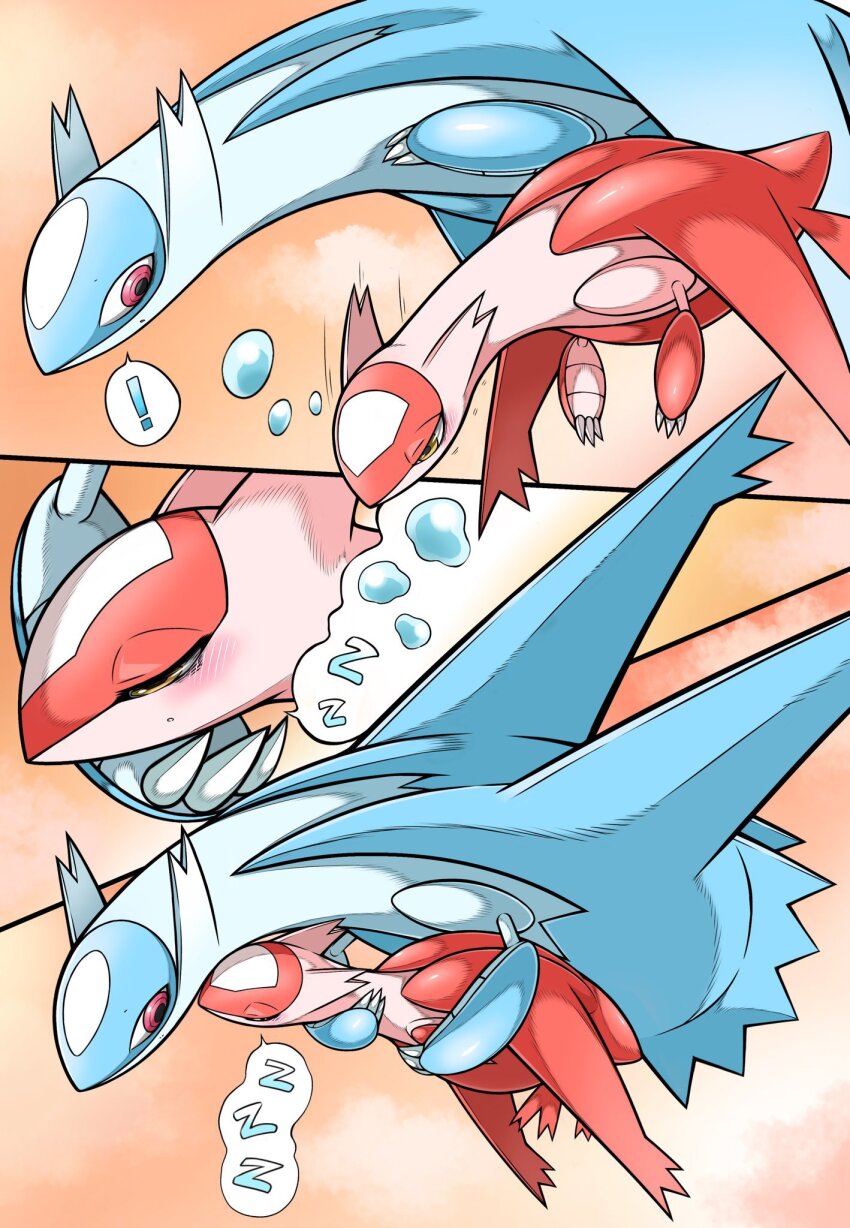 ! 1boy 1girl blush blush_stickers closed_eyes gen_3_pokemon half-closed_eyes highres holding latias latios legendary_pokemon multiple_others nintendo no_humans open_mouth pokemon pokemon_(creature) pokemon_on_arm sleeping sleeping_on_pokemon sleepy spoken_zzz squeans watashihae zzz