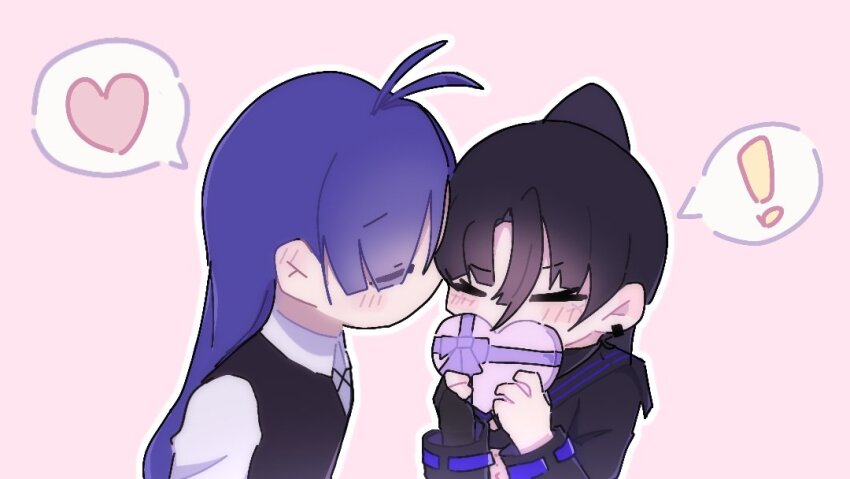 ! 2girls ado_(utaite) ahoge black_gloves black_hair black_shirt black_vest blue_hair blush box chinese_commentary commentary_request earrings fingerless_gloves gloves hair_between_eyes heart heart-shaped_box holding holding_box jewelry long_hair long_sleeves merry_(ado) multiple_girls naima_(ado) pink_background ponytail pppp_0831 readymade_(ado) shirt simple_background single_glove spoken_exclamation_mark spoken_heart upper_body usseewa valentine vest white_shirt yuri