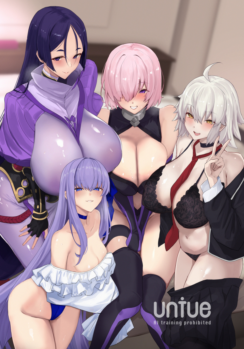 4girls ahoge artist_name bare_shoulders bed between_breasts black_bra black_gloves black_jacket black_leotard black_panties black_skirt black_thighhighs blue_choker blue_eyes blurry blurry_background bodysuit bra breasts choker cleavage clothes_pull commentary_request elbow_gloves fate/grand_order fate_(series) fingerless_gloves frills gloves grey_hair hair_over_one_eye highleg highleg_one-piece_swimsuit highres huge_breasts indoors jacket jeanne_d&#039;arc_alter_(fate) large_breasts leotard long_hair looking_at_viewer mash_kyrielight meltryllis meltryllis_(fate) meltryllis_(swimsuit_lancer)_(fate) meltryllis_(swimsuit_lancer)_(second_ascension)_(fate) minamoto_no_raikou_(fate) multiple_girls navel necktie necktie_between_breasts one-piece_swimsuit open_clothes open_jacket panties parted_bangs pink_hair pleated_skirt purple_bodysuit purple_eyes purple_hair red_necktie short_hair skirt skirt_pull sleeves_past_fingers sleeves_past_wrists smile swimsuit thighhighs underwear untue v very_long_hair yellow_eyes