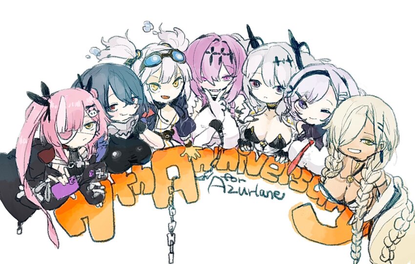 6+girls :q amo_4 anniversary azur_lane black_choker black_hair black_ribbon blonde_hair breasts chain chibi chibi_only choker cleavage copyright_name dark-skinned_female dark_skin eyepatch goggles goggles_on_head hair_over_one_eye hair_ribbon heart heart_eyepatch highres joffre_(azur_lane) large_breasts long_braid long_hair looking_at_viewer multiple_girls one_eye_closed owari_(azur_lane) pink_eyes pink_hair pittsburgh_(azur_lane) poltava_(azur_lane) purple_eyes reno_(azur_lane) ribbon short_twintails simple_background tongue tongue_out twintails u-96_(azur_lane) v v_over_mouth white_background white_hair yellow_eyes z47_(azur_lane)