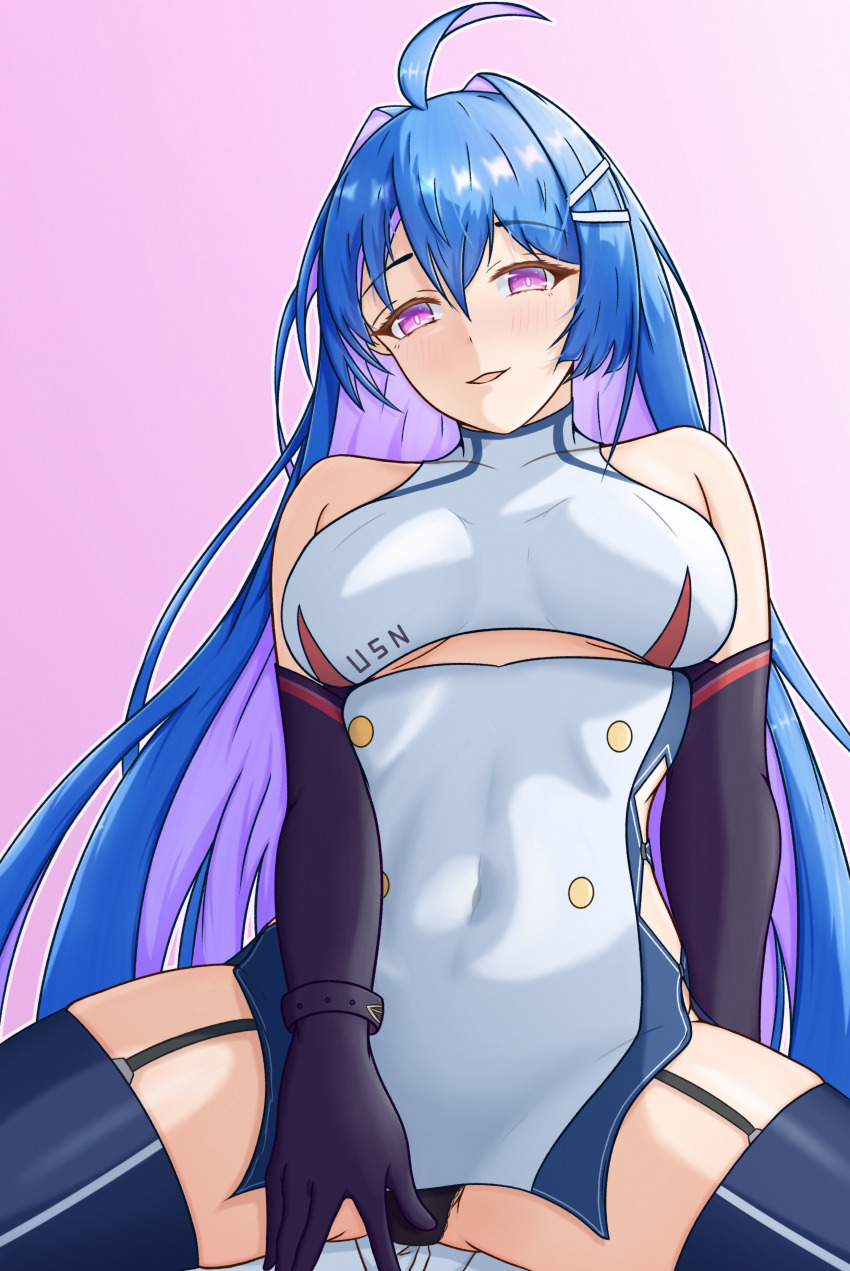 1boy 1girl :d absurdres arm_behind_back assertive_female azur_lane bare_shoulders between_legs black_gloves black_panties blue_hair boots breasts buttons clothing_cutout commentary covered_navel cowgirl_position double-breasted dress elbow_gloves english_commentary garter_straps girl_on_top gloves hair_between_eyes hair_ornament hairclip half-closed_eyes hand_between_legs helena_(azur_lane) hetero highres long_hair looking_at_viewer looking_down medium_breasts multicolored_hair open_mouth panties pov purple_eyes purple_hair short_dress skin_tight sleeveless sleeveless_dress smile solo_focus spread_legs straddling thigh_boots thighs two-tone_hair underboob underboob_cutout underwear upskirt very_long_hair white_dress wororg