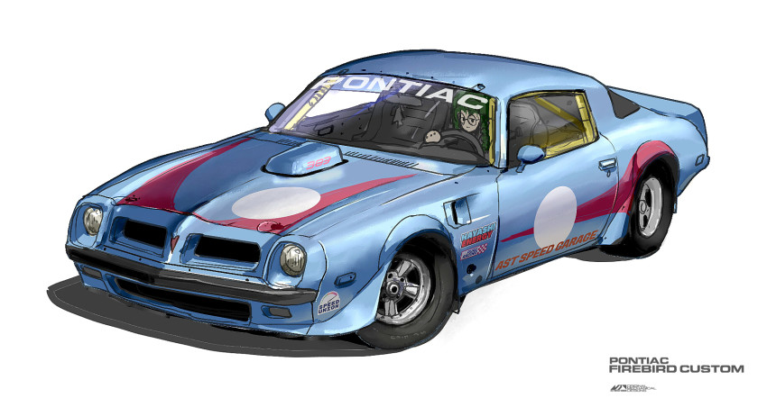 1girl asterozoa black_eyes braid car commentary english_commentary green_hair highres motor_vehicle muscle_car original pontiac pontiac_firebird round_eyewear sketch twin_braids vehicle_focus vehicle_name white_background