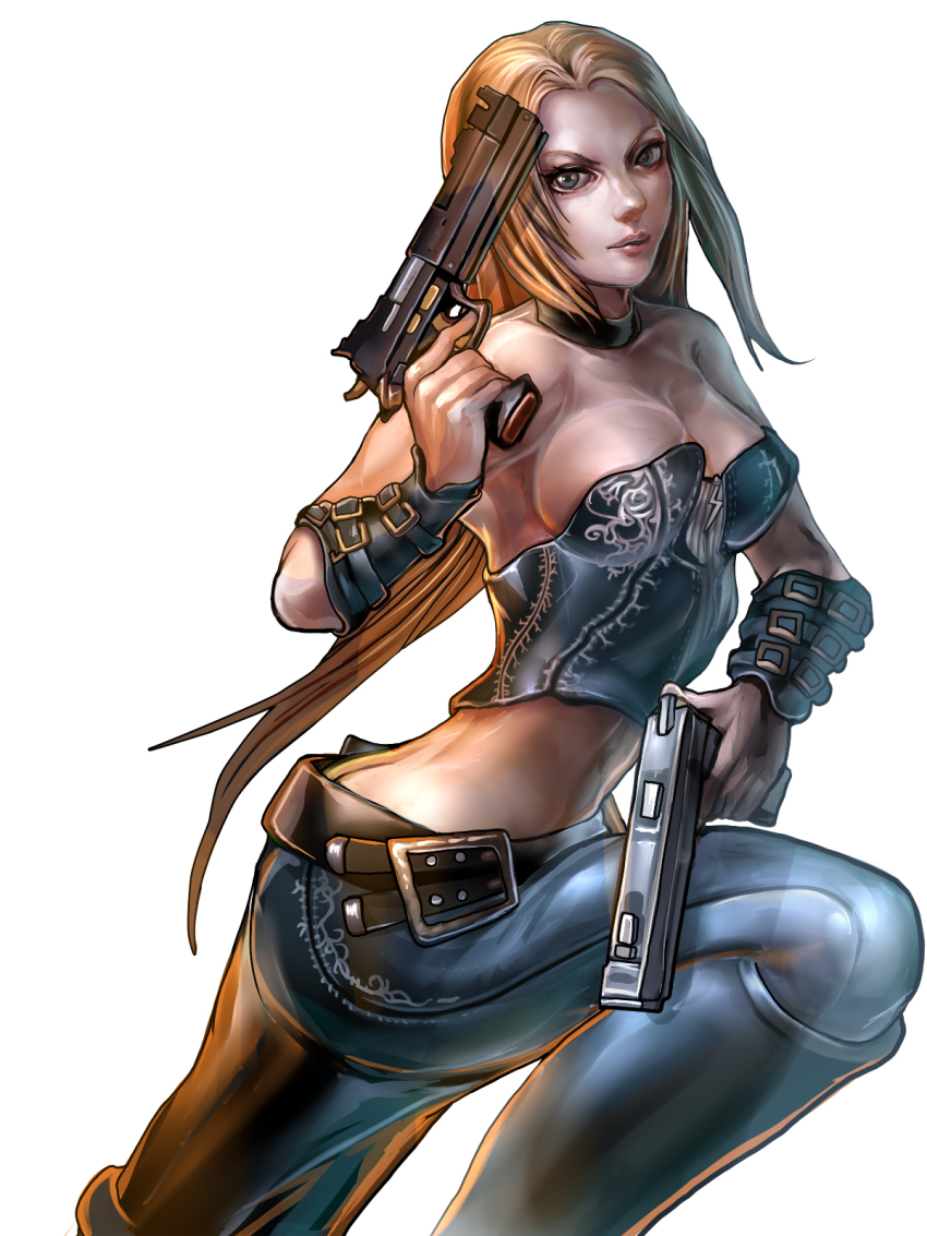 1girl bare_shoulders belt blonde_hair blue_eyes boots bracer breasts butt_crack capcom choker cleavage corset denim devil_may_cry_(series) dual_wielding female_focus gun handgun highres holding jeans knee_boots large_breasts lips long_hair midriff official_art onimusha_soul pants pistol sakai_yuuki_(yu_kino) sakaiyuuki simple_background solo trish_(devil_may_cry) weapon white_background