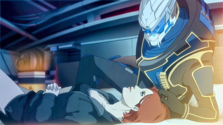 alien caressing_hair commander_shepard commander_shepard_(female) garrus_vakarian highres leaning lying mass_effect_(series) on_back on_bed tumblr tumblr_username turian wei