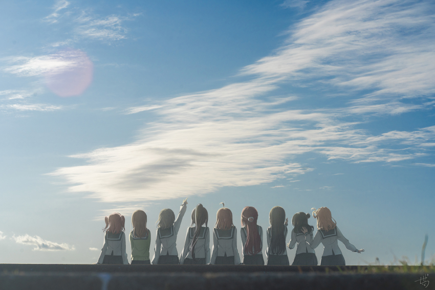 absurdres ahoge black_hair blonde_hair blue_sky brown_hair cloud cloudy_sky everyone grass grey_hair hair_bun hair_ornament hand_on_another&#039;s_back hand_up highres hotechige kunikida_hanamaru kurosawa_dia kurosawa_ruby ledge long_hair long_sleeves love_live! love_live!_sunshine!! matsuura_kanan multiple_girls numazu official_art ohara_mari orange_hair outdoors photo_(medium) photo_background pointing pointing_up purple_hair realistic red_hair sailor_collar sakurauchi_riko scenery school_uniform serafuku short_hair sitting skirt sky takami_chika tsushima_yoshiko uranohoshi_school_uniform watanabe_you winter_uniform