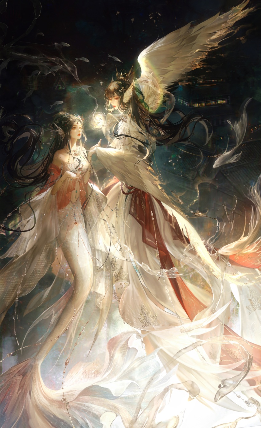 2girls absurdres animal_ears architecture bare_shoulders bird_ears bird_wings black_hair character_request chinese_clothes chinese_commentary circlet closed_mouth clothing_cutout commentary_request crown detached_sleeves east_asian_architecture eyelashes fins fish fish_tail floating_clothes floating_hair flying_fish full_body gold_crown grey_eyes hair_bun half-closed_eyes half-harpy half_updo hanfu head_fins highres hydrokinesis jewelry jiaopiupiu lipstick long_hair looking_ahead looking_at_object makeup mermaid monster_girl multiple_girls navel necklace night nikki_(series) outdoors outstretched_hand parted_lips pink_lips red_shirt red_sleeves see-through_clothes see-through_shawl shawl shining_nikki shirt single_hair_bun sleeveless sleeveless_shirt stomach_cutout tail thick_eyebrows town two-tone_sleeves very_long_hair water white_hanfu white_shawl white_shirt white_sleeves white_tail wide_sleeves wings