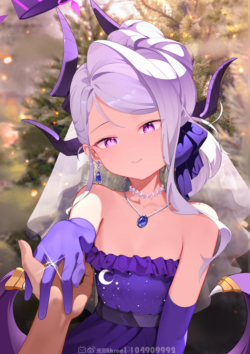 1boy 1girl absurdres black_halo blue_archive blush demon_girl demon_horns demon_wings dress earrings gloves halo highres hina_(blue_archive) hina_(dress)_(blue_archive) horns jewelry long_hair looking_at_viewer mitsukage_three necklace pendant purple_dress purple_eyes purple_gloves ring sensei_(blue_archive) solo white_hair wings