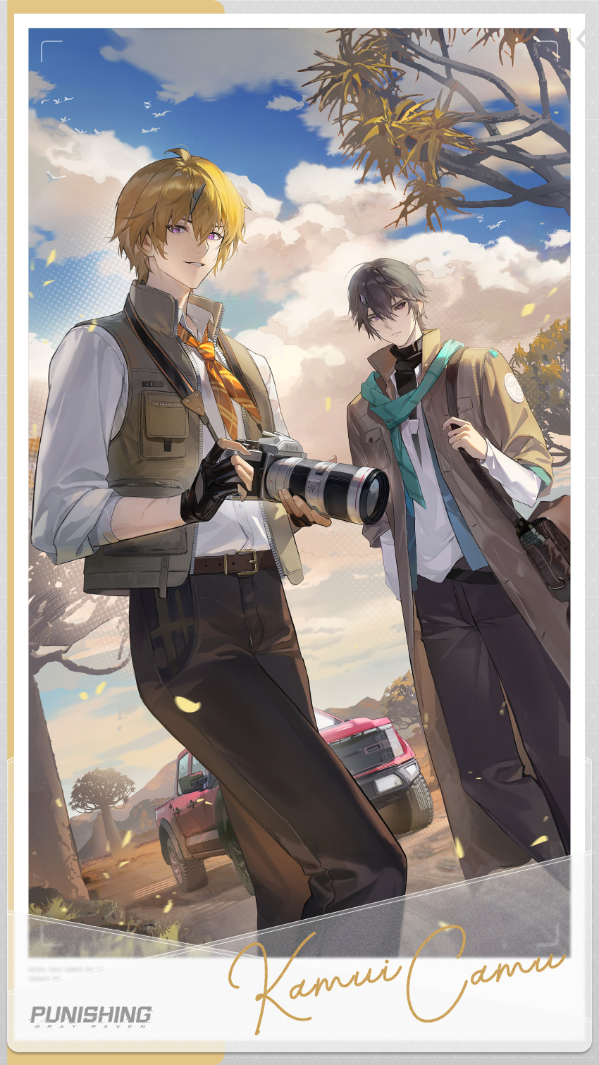 2boys absurdres aqua_scarf bag belt belt_buckle black_sclera blonde_hair blue_vest brown_belt brown_coat brown_pants brown_veil buckle camera camu_(pgr) character_name closed_mouth cloud coat colored_sclera commentary copyright_name day dutch_angle english_commentary flock highres holding holding_camera horns kamui_(pgr) long_sleeves male_focus mismatched_sclera mountain multiple_boys neckerchief official_art open_clothes open_coat orange_neckerchief outdoors pants parted_lips picture_frame punishing:_gray_raven purple_eyes scar scar_on_arm scarf shirt shoulder_bag single_horn sleeves_past_wrists sleeves_pushed_up smile standing tree veil vest viewfinder white_shirt
