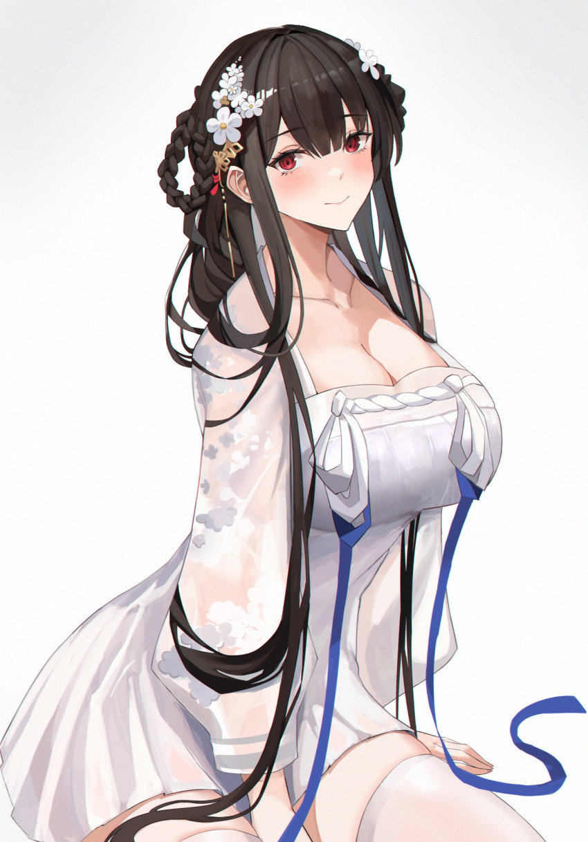 1girl azur_lane between_legs bilei black_hair blush braid breasts chinese_clothes cleavage_cutout clothing_cutout flower hair_flower hair_ornament hand_between_legs hanfu highres large_breasts long_hair long_sleeves looking_at_viewer official_alternate_costume qixiong_ruqun red_eyes ruqun simple_background sitting solo thighhighs twin_braids very_long_hair white_thighhighs yat_sen_(azur_lane) yat_sen_(paragon_of_celestial_grace)_(azur_lane) zettai_ryouiki