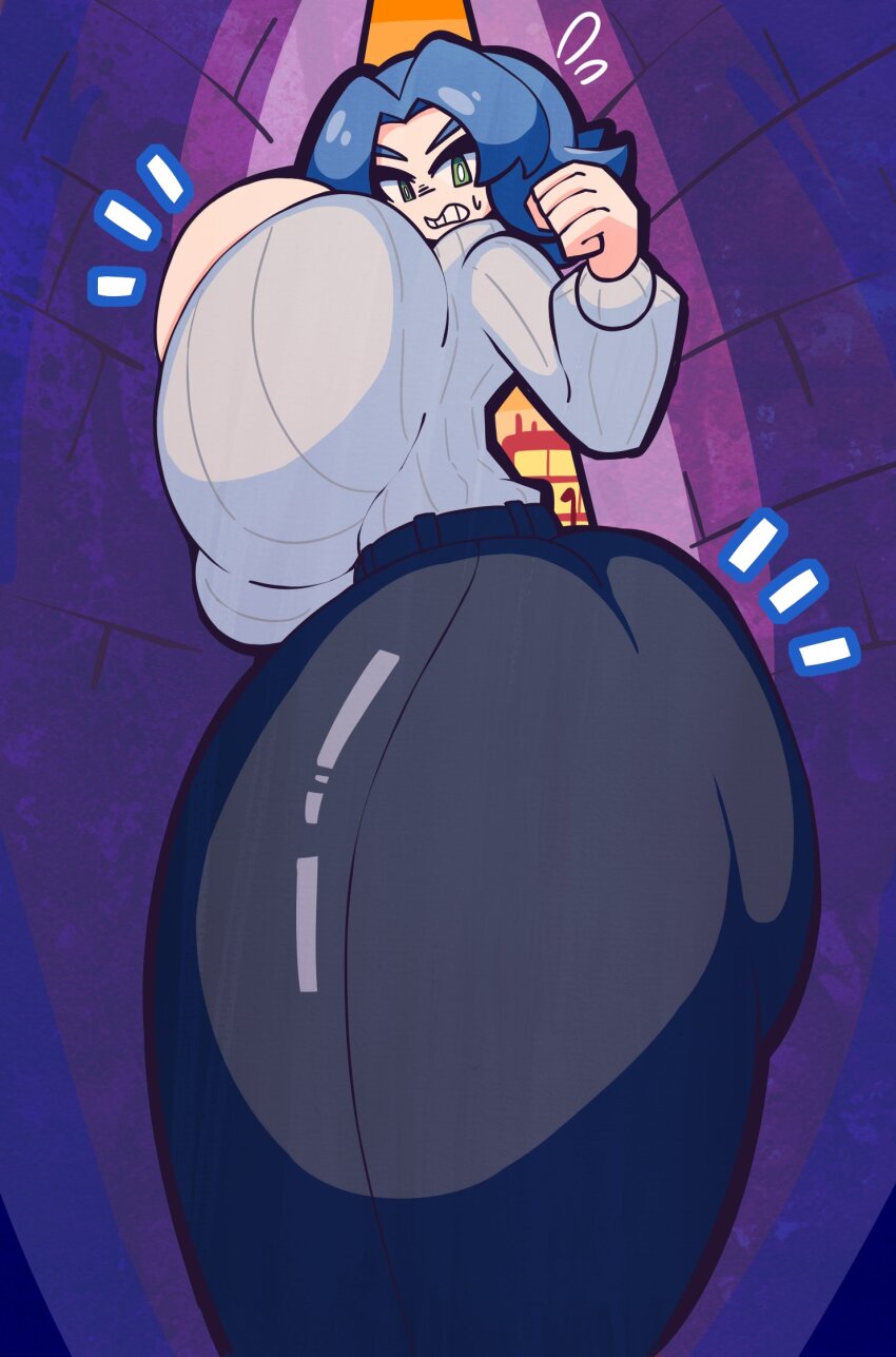 1girl ass ass_press black_pants blue_hair breast_press breasts building bursting_breasts cleavage clenched_teeth commission female_focus fisheye gensin gigantic_breasts green_eyes highres huge_ass inconvenient_ass inconvenient_breasts looking_at_viewer outdoors pants shiny_skin short_hair skindentation solo standing stuck sweater teeth thick_thighs thighs wide_hips