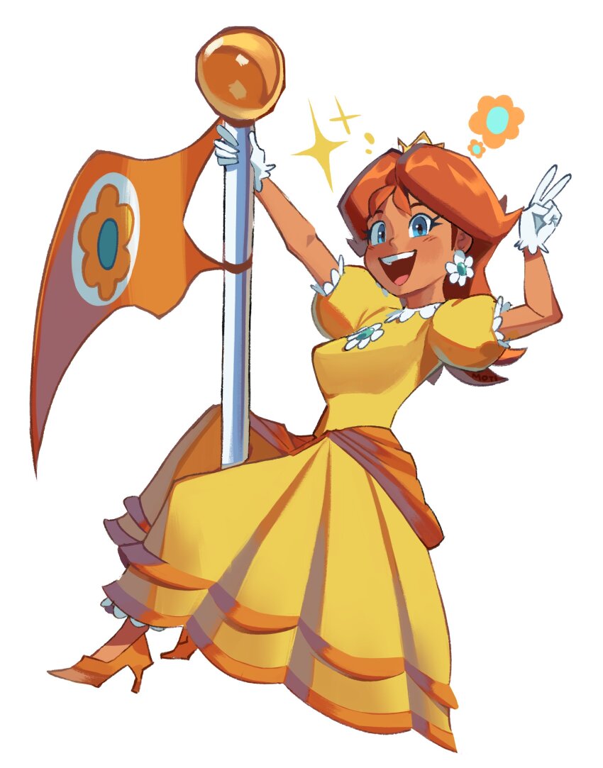1girl absurdres blue_eyes brown_hair crown dark-skinned_female dark_skin dress earrings flag flagpole flower_earrings full_body gloves high_heels highres jewelry mario_(series) medium_hair nintendo open_mouth orange_shoes princess_daisy puffy_short_sleeves puffy_sleeves shoes short_sleeves simple_background solo super_mario_bros._wonder supsross teeth tomboy upper_teeth_only v white_background white_gloves yellow_dress
