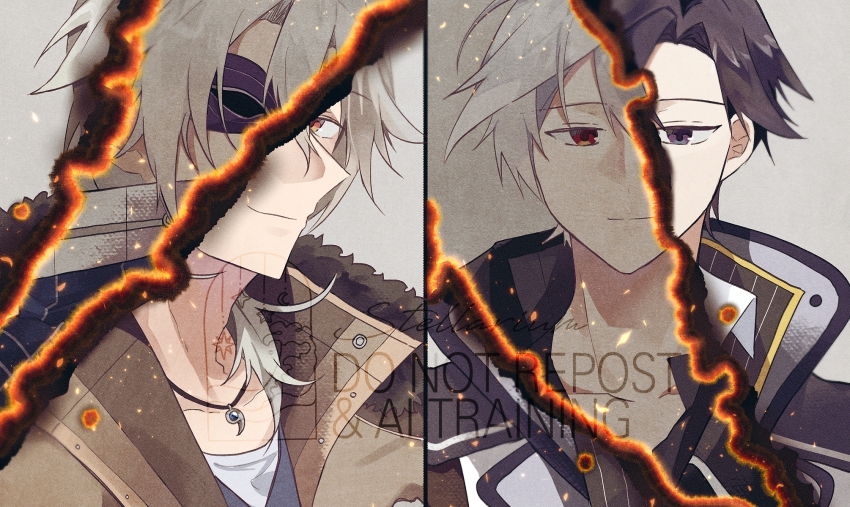 2boys azure_siegfried_(sen_no_kiseki) black_hair burning burnt coat crow_armbrust eiyuu_densetsu eye_mask high_collar highres jewelry multiple_boys parang_(its_me_ovo) pendant portrait purple_eyes rean_schwarzer red_eyes sen_no_kiseki sen_no_kiseki_(series) sen_no_kiseki_iii sen_no_kiseki_iv upper_body watermark white_hair
