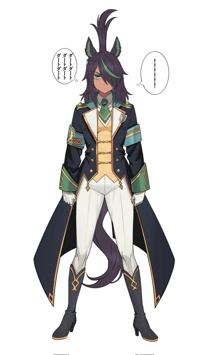 1girl animal_ears aqua_armband armband arms_at_sides black_boots black_coat black_hair boots coat collared_shirt commentary dark-skinned_female dark_skin earrings fukuro_(maruaru00) genderswap genderswap_(mtf) gloves gold_trim green_eyes green_hair green_necktie hair_over_one_eye hairstyle_request highres horse_ears horse_girl horse_tail jewelry knee_boots long_hair looking_at_viewer necktie open_clothes open_coat original pants personification shirt short_necktie simple_background single_earring solo speech_bubble success_brocken_(racehorse) symbol-only_commentary tail thought_bubble translated umamusume white_background white_gloves white_pants white_shirt