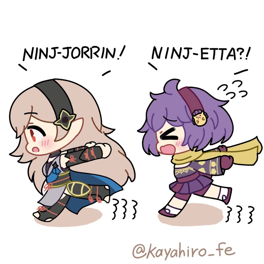 2girls alternate_costume armored_leotard bernadetta_von_varley black_hairband blush chibi chibi_only corrin_(female)_(fire_emblem) corrin_(female)_(ninja)_(fire_emblem) corrin_(fire_emblem) feet fire_emblem fire_emblem:_three_houses fire_emblem_fates fire_emblem_heroes grey_hair grey_kimono hair_ornament hairband hedgehog highres hiro_kayama japanese_clothes kimono leotard long_hair long_sleeves multiple_girls ninja nintendo official_alternate_costume open_mouth pointy_ears purple_hair red_eyes scarf shin_guards short_hair shuriken_hair_ornament simple_background stirrup_legwear toeless_legwear yellow_scarf