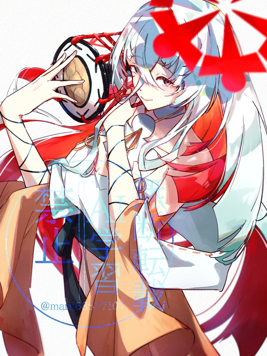 1girl another_eden bare_shoulders drum hair_between_eyes halo highres instrument kagurame_(another_eden) kisaraki_haruka long_hair looking_at_viewer red_eyes short_hair solo twitter_username white_background