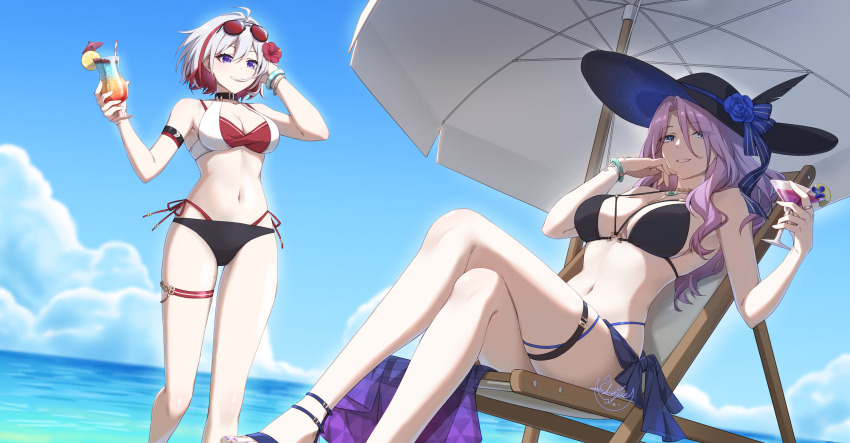2girls absurdres alternate_costume bikini bracelet breasts cleavage commentary commission drink flower glasses hat highres honkai:_star_rail honkai_(series) jade_(honkai:_star_rail) jewelry looking_at_viewer luyue multiple_girls pixiv_commission sky swimsuit thigh_strap topaz_(honkai:_star_rail) umbrella water