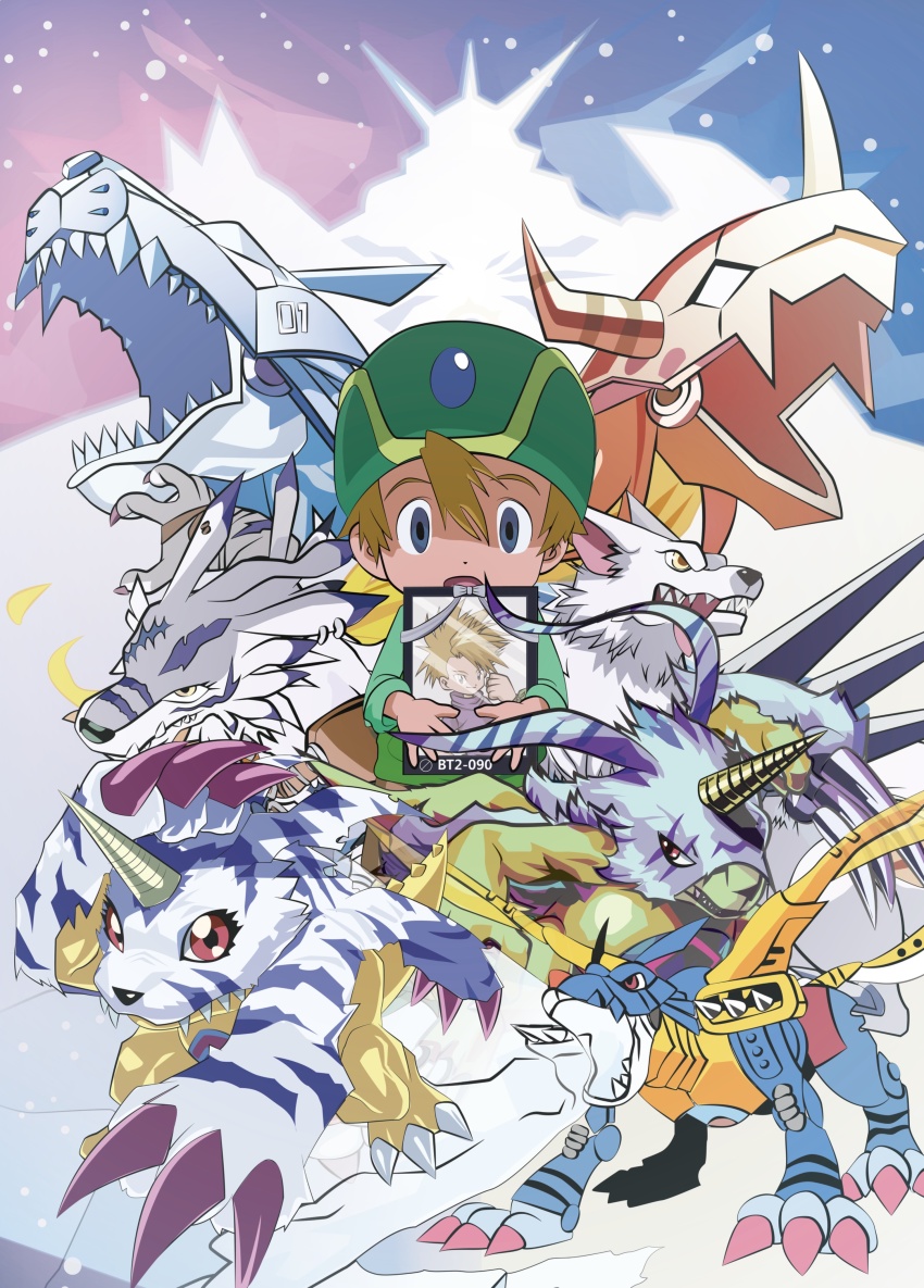 absurdres all_fours blonde_hair blue_eyes blue_fur check_commentary commentary_request cyborg digimon digimon_adventure digimon_adventure:_(2020) digimon_card_game evolutionary_line gabumon gabumon_x-antibody garurumon garurumon_x-antibody green_hat green_shirt hat highres holding holding_photo horns iei ishida_yamato lizard metalgarurumon omegamon photo_(object) red_eyes shirt single_horn tai_(cheungsk1213) wargreymon weregarurumon werewolf wolf yellow_eyes yellow_scales