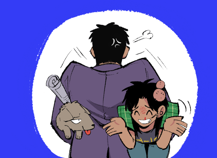 2boys ^_^ anger_vein animal black_hair blood blue_background blue_pants bruise carrying carrying_person closed_eyes dog endou_yuuji green_shirt grin head_bump holding holding_animal holding_dog injury inudori itou_kaiji jacket kaiji long_hair male_focus multiple_boys nosebleed pants parted_bangs purple_jacket rolled_up_newspaper shirt short_hair smile upper_body