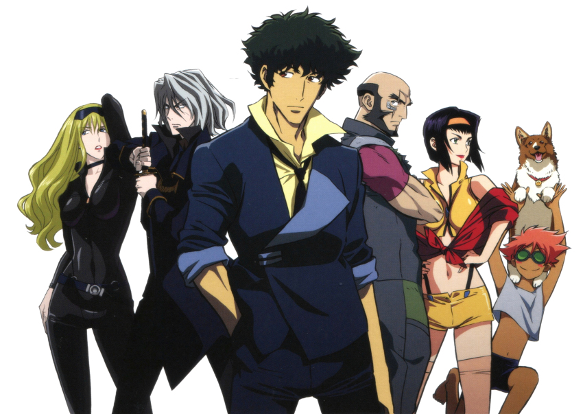 3boys 3girls androgynous animal barefoot beard blonde_hair blush_stickers child collar cowboy_bebop dog edward_wong_hau_pepelu_tivrusky_iv facial_hair faye_valentine goggles green_eyes hairband highres jet_black julia_(cowboy_bebop) kawamoto_toshihiro lipstick makeup messy_hair multiple_boys multiple_girls navel official_art orange_hair orange_hairband red_collar scar scar_across_eye scar_on_face shirt simple_background smile spike_spiegel sunglasses tongue tongue_out vicious_(cowboy_bebop) welsh_corgi white_background yellow_shirt