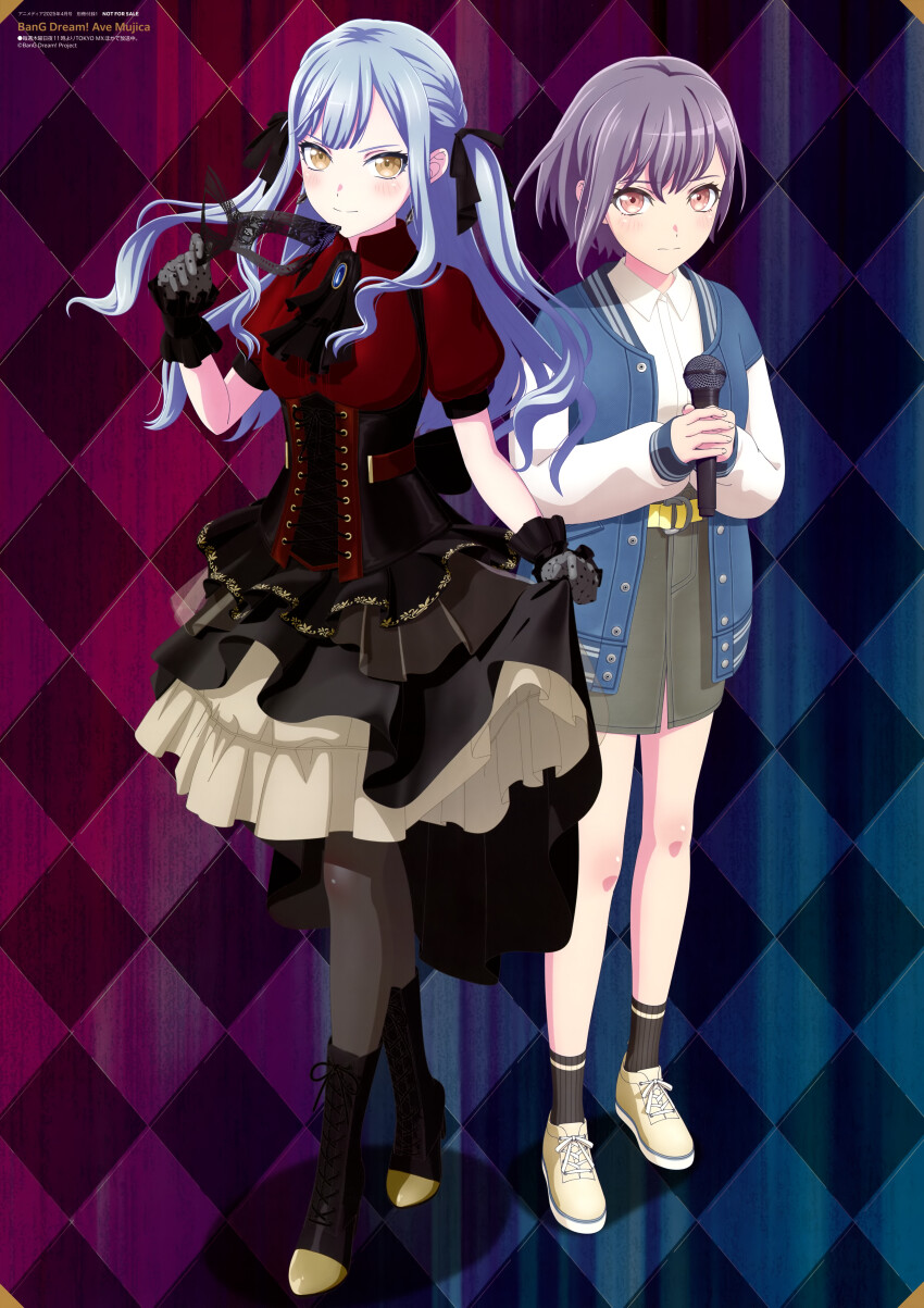 2girls absurdres animedia artist_request bang_dream! bang_dream!_it&#039;s_mygo!!!!! black_ribbon blue_hair brown_eyes closed_mouth copyright_name copyright_notice hair_ribbon highres holding holding_mask holding_microphone light_blush light_smile long_hair long_sidelocks looking_at_viewer magazine_scan mask microphone multiple_girls oblivionis_(bang_dream!) official_art purple_hair ribbon scan short_hair sidelocks standing takamatsu_tomori togawa_sakiko two_side_up unworn_mask yellow_eyes