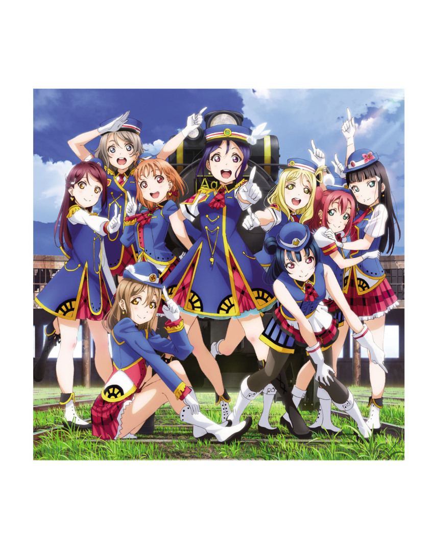 6+girls :d aqua_eyes arm_up artbook black_hair blonde_hair blue_eyes blue_hair blue_sky boots braid brown_hair cloud day full_body gloves grass grey_hair hair_bun hair_ornament hand_on_own_knee happy_party_train hat highres index_finger_raised kunikida_hanamaru kurosawa_dia kurosawa_ruby leaning_forward long_hair looking_at_viewer love_live! love_live!_sunshine!! matsuura_kanan miniskirt mole mole_under_mouth multiple_girls non-web_source official_alternate_costume official_art ohara_mari open_mouth orange_hair outdoors pantyhose pleated_skirt pointing purple_eyes purple_hair red_eyes red_hair red_skirt sakurauchi_riko salute short_hair sitting skirt sky sleeveless smile standing takami_chika tsushima_yoshiko watanabe_you white_gloves yellow_eyes