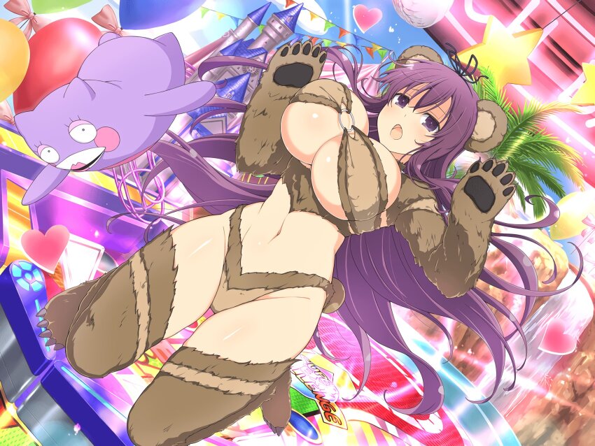 1girl :o animal_ears animal_hands arcade balloon bear_ears bear_girl bear_paws bear_tail bebe-tan bikini black_ribbon blue_sky blush bouncing_breasts bow breasts building castle cleavage cliff day fur_bikini fur_thighhighs groin hair_between_eyes hair_ribbon heart heart_balloon highres huge_breasts lens_flare light_fixture light_particles linea_alba long_hair looking_at_viewer midair murasaki_(senran_kagura) navel o-ring official_alternate_costume official_art open_mouth pinball pink_bow purple_eyes purple_hair ribbon senran_kagura senran_kagura_new_link senran_kagura_peach_ball senran_kagura_shinovi_versus shiny_skin short_tail sky solo spire star_(symbol) strapless strapless_bikini string_of_flags stuffed_animal stuffed_toy swimsuit tail teddy_bear tongue tower very_long_hair water waterfall yaegashi_nan