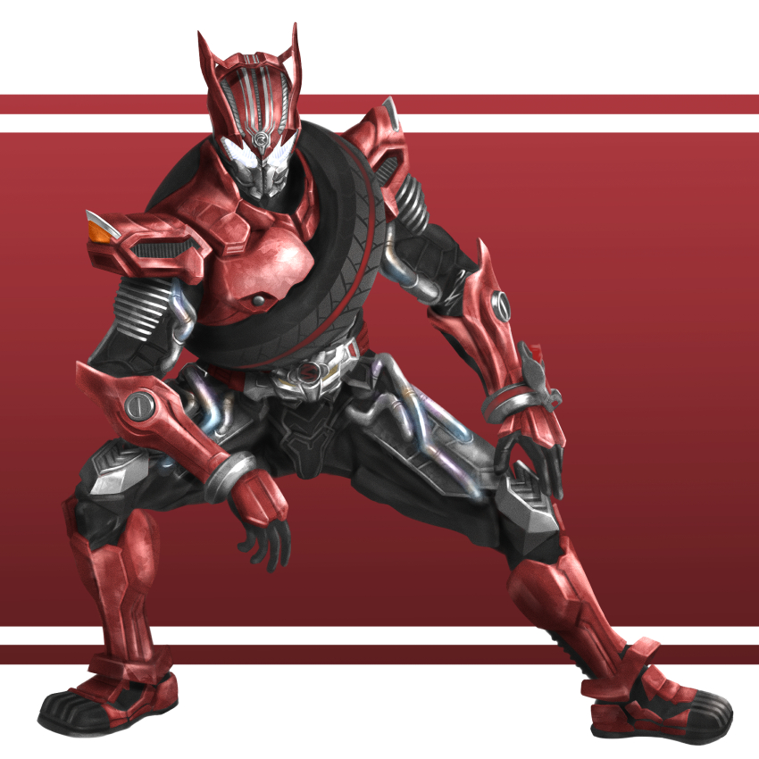 1boy armor belt belt-san compound_eyes contrapposto drive_driver gloves helmet highres kamen_rider kamen_rider_drive kamen_rider_drive_(series) male_focus mask red_armor red_background red_belt red_footwear rider_belt shift_brace shift_car solo standing tsubasansan two-tone_background type_speed unused_tire white_background white_eyes