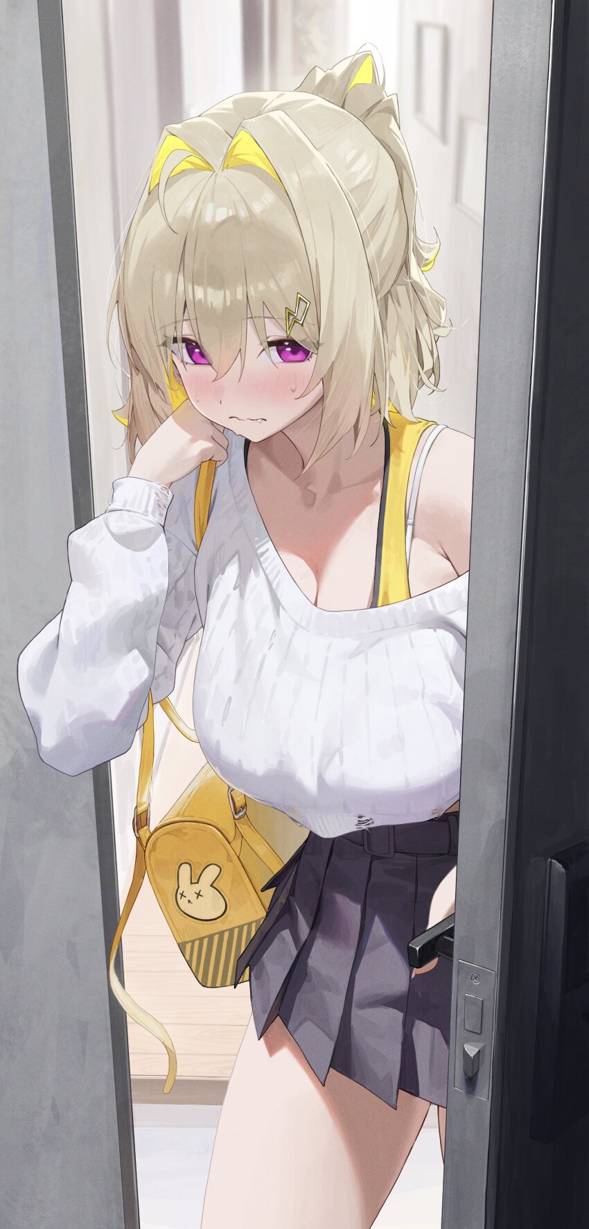 1girl absurdres ahoge alternate_hair_length alternate_hairstyle black_skirt blonde_hair bra_strap breasts commentary elegg_(nikke) goddess_of_victory:_nikke hair_intakes highres large_breasts medium_hair nikku_nana opening_door pleated_skirt purple_eyes ribbed_sweater skirt sweater symbol-only_commentary white_sweater yellow_bag