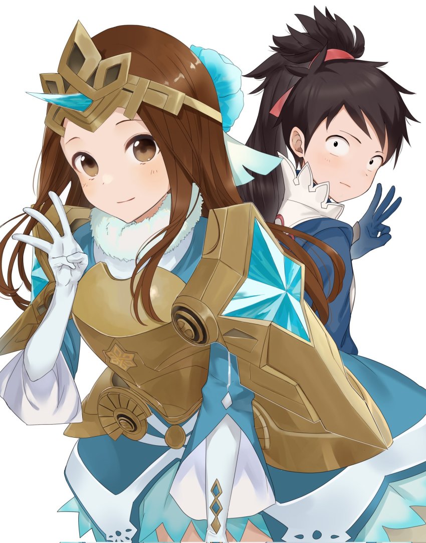 1boy 1girl armor black_hair blue_dress blue_gloves breastplate brown_eyes brown_hair closed_mouth cosplay dress elbow_gloves fire_emblem fire_emblem_fates fire_emblem_heroes fjorm_(fire_emblem) fjorm_(fire_emblem)_(cosplay) fjorm_(ice_ascendant)_(fire_emblem) fur_collar gloves hair_ribbon hand_up haru_(nakajou-28) highres jake_brito kaji_yuuki karakai_jouzu_no_takagi-san long_hair middle_w nintendo nishikata pauldrons ponytail red_ribbon ribbon shoulder_armor simple_background smile takagi-san takahashi_rie takumi_(fire_emblem) takumi_(fire_emblem)_(cosplay) tiara v voice_actor_connection w white_background white_gloves