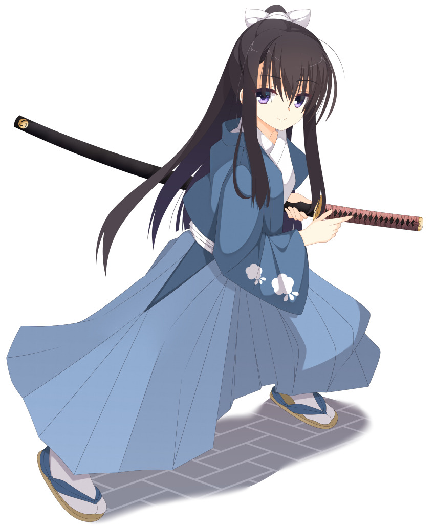 1girl absurdres alternate_costume black_hair blue_hakama blue_kimono bow closed_mouth commentary_request commission fighting_stance full_body hair_between_eyes hair_bow hakama half_updo hand_up highres holding holding_sword holding_weapon index_finger_raised japanese_clothes kaon_zz katana kimono long_hair long_sleeves looking_at_viewer nijouin_hazuki ponytail purple_eyes riddle_joker samurai shinsengumi simple_background skeb_commission smile solo split_mouth standing straight_hair sword tabi very_long_hair weapon white_background white_bow wide_sleeves