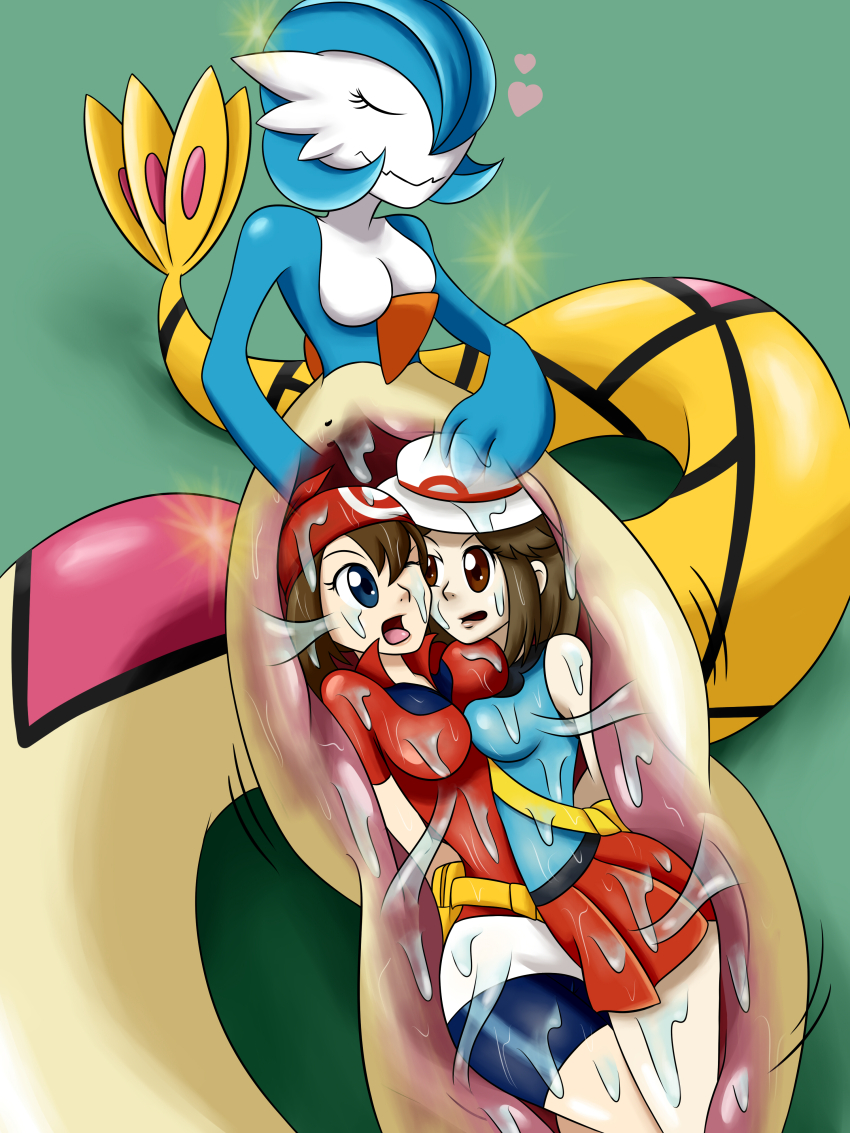 2girls absurdres acid alternate_color bad_end brown_hair bulge cross-section digesting_girl digestion fusion gardevoir gen_3_pokemon highres hybrid_monster imminent_death krlitosss leaf leaf_(pokemon) may_(pokemon) milotic multiple_girls nintendo pokemon pokemon_(creature) pokemon_frlg pokemon_rse shiny_pokemon simple_background stomach stomach_bulge vore wide-eyed wince x-ray