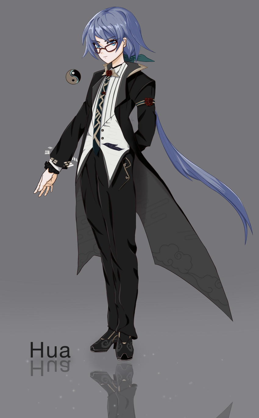 1girl absurdres black_suit blue_eyes butler character_name closed_mouth formal_clothes fu_hua full_body grey_background grey_hair highres honkai_(series) honkai_impact_3rd looking_at_viewer suit yin_yang