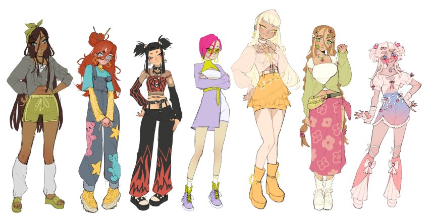 6+girls abs absurdres aisha_(winx_club) animal_print ankle_socks anklet aqua_eyes asian asymmetrical_hair asymmetrical_sleeves bandaid bandaid_on_cheek bandaid_on_face bead_necklace beads bear_print belt belt_buckle black_belt black_choker black_hair black_sandals black_sleeves blonde_hair bloom_(winx_club) blue_eyes blue_overalls blue_shirt blue_skirt blunt_bangs boots bow bow_legwear braid breasts bright_pupils brown_hair buckle chain chain_necklace choker cleavage cleavage_cutout clenched_teeth closed_mouth clothes_writing clothing_cutout coat colored_skin commentary crescent_print crop_top crossed_arms dark-skinned_female dark_skin denim denim_skirt detached_sleeves earrings english_commentary expressionless eyeliner eyes_visible_through_hair fanny_pack flame_print flora_(winx_club) floral_print flower flower_necklace frilled_arm_warmers frilled_skirt frilled_sleeves frills full_body fur-trimmed_skirt fur_trim goggles gradient_clothes gradient_skirt green-tinted_eyewear green_bag green_bow green_eyes green_headscarf green_jacket green_sandals green_shorts green_shrug grey_belt grey_hoodie grey_shirt hair_between_eyes hair_bun hair_flower hair_ornament hairclip hand_on_own_hip hands_on_own_hips happy headscarf heart heart-shaped_eyewear heart_cutout heart_hair_ornament heart_necklace height_difference high-waist_skirt high_belt high_heel_boots high_heels highres hood hood_down hoodie jacket jacket_partially_removed jewelry knees large_earrings layered_shirt layered_sleeves leg_ribbon leg_warmers light_blush light_frown lipstick lock lock_necklace long_hair long_hair_between_eyes long_skirt long_sleeves looking_at_another low_twin_braids makeup midriff miniskirt mismatched_sleeves multicolored_choker multicolored_hair multicolored_skin multiple_girls musa_(winx_club) navel necklace o-ring o-ring_choker off-shoulder_shirt off_shoulder original overalls own_hands_together paint_splatter paint_splatter_on_face paintbrush pencil_skirt pink-tinted_eyewear pink_bow pink_flower pink_hair pink_lips pink_ribbon pink_skirt platform_boots platform_sandals puffy_long_sleeves puffy_short_sleeves puffy_sleeves punk purple_coat red_eyeliner red_hair red_tank_top ribbon sandals see-through_clothes see-through_shirt shirt shoes short_hair_with_long_locks short_over_long_sleeves short_sleeves short_twintails shorts side_slit sidelocks simple_background single_hair_bun skirt skirt_set skull_earrings skull_hair_ornament sleeve_ribbon sleeves_past_wrists smile smirk sneakers socks spiked_choker spiked_sandals spikes standing star_(symbol) star_earrings star_print stella_(winx_club) stomach_cutout straight_hair strap_slip strapless strapless_shirt streaked_hair studded_belt sun_print sunglasses tall_female tan tank_top tecna_(winx_club) teeth thick_eyebrows tinted_eyewear toes toned toned_female torn_clothes torn_sleeves triangle_earrings turtleneck turtleneck_shirt twin_braids twintails two-tone_hair two-tone_skin two_side_up vertical-striped_sleeves very_long_hair white_arm_warmers white_background white_choker white_hair white_leg_warmers white_pupils white_ribbon white_shirt white_shoes white_skirt white_socks wikate winx_club wrist_bow yellow_boots yellow_eyes yellow_lips yellow_shirt yellow_shoes yellow_skirt