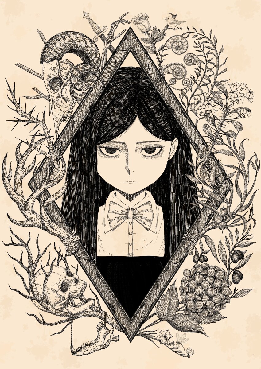 1girl absurdres bow bowtie commentary endless_world17 expressionless floral_border greyscale highres jitome long_hair looking_at_viewer monochrome original portrait skull solo symbol-only_commentary