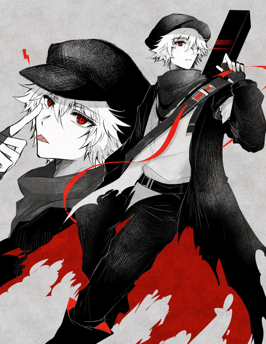 1boy akanbe arknights newsboy_cap closed_mouth eyelid_pull fingerless_gloves gloves hair_between_eyes hand_up hat highres jacket lightning_bolt_symbol long_sleeves male_focus multiple_views oonohara_kenya open_clothes open_jacket pants puffy_long_sleeves puffy_sleeves red_(npc)_(arknights) red_eyes shirt tongue tongue_out