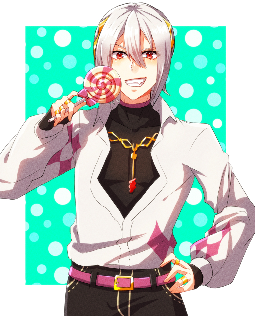 1boy candy fire_emblem fire_emblem_engage food hair_between_eyes hand_on_own_hip highres holding holding_candy holding_food holding_lollipop kageakira_(shino1007) lollipop looking_at_viewer male_focus nintendo rafal_(fire_emblem) red_eyes smile solo swirl_lollipop white_hair